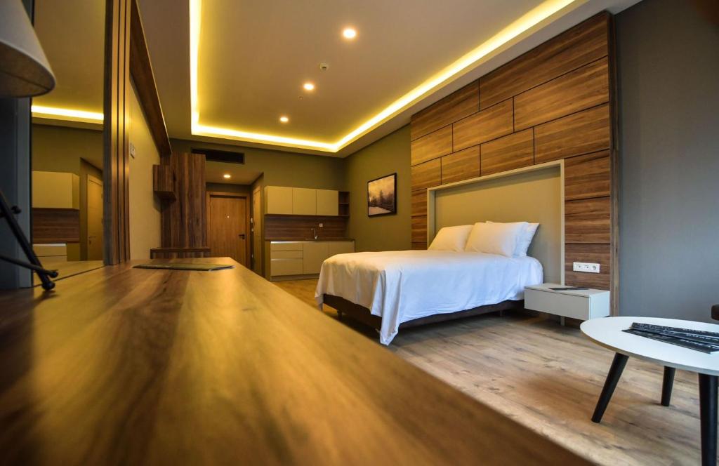 卡特佩Bureau Residence的配有一张床和一张书桌的酒店客房