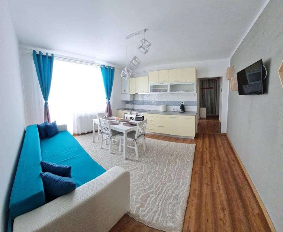 卡夫尼克DDDD Apartament的一间带蓝色沙发的客厅和一间厨房