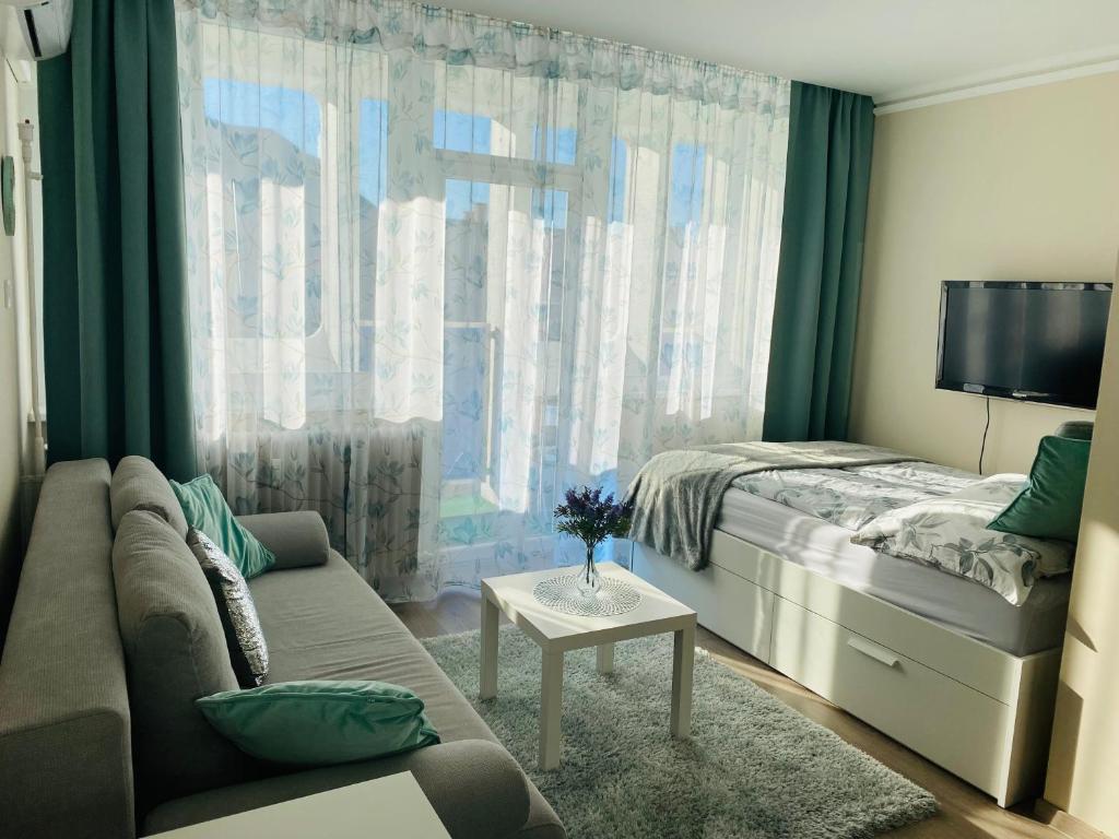 尼赖吉哈佐Zrinyi Central Apartman with free parking的一间带沙发、床和窗户的卧室