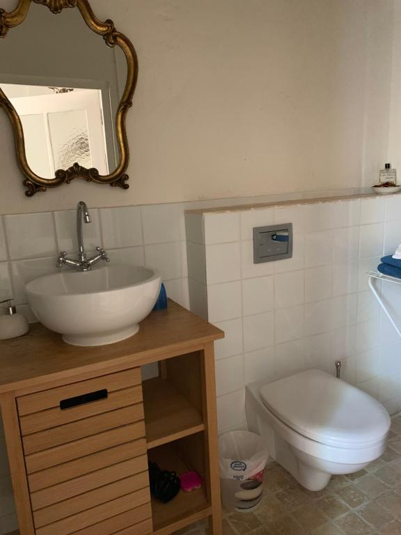 昂蒂布房门钥匙住宿加早餐旅馆的一间带水槽、卫生间和镜子的浴室