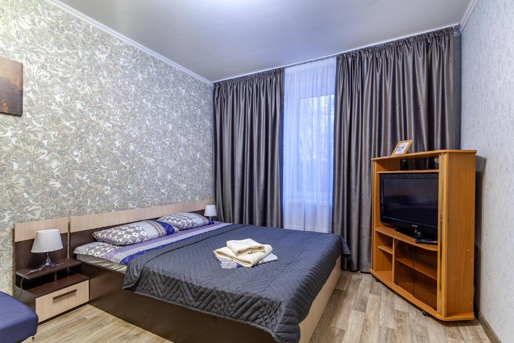 莫斯科韦奇诺布鲁斯尼卡公寓的一间卧室配有床、电视和窗帘