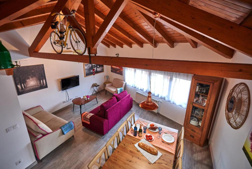 哈兰迪雅·德·拉·维尔Casa Rural Planeta Vera的享有带紫色沙发的客厅的顶部景色