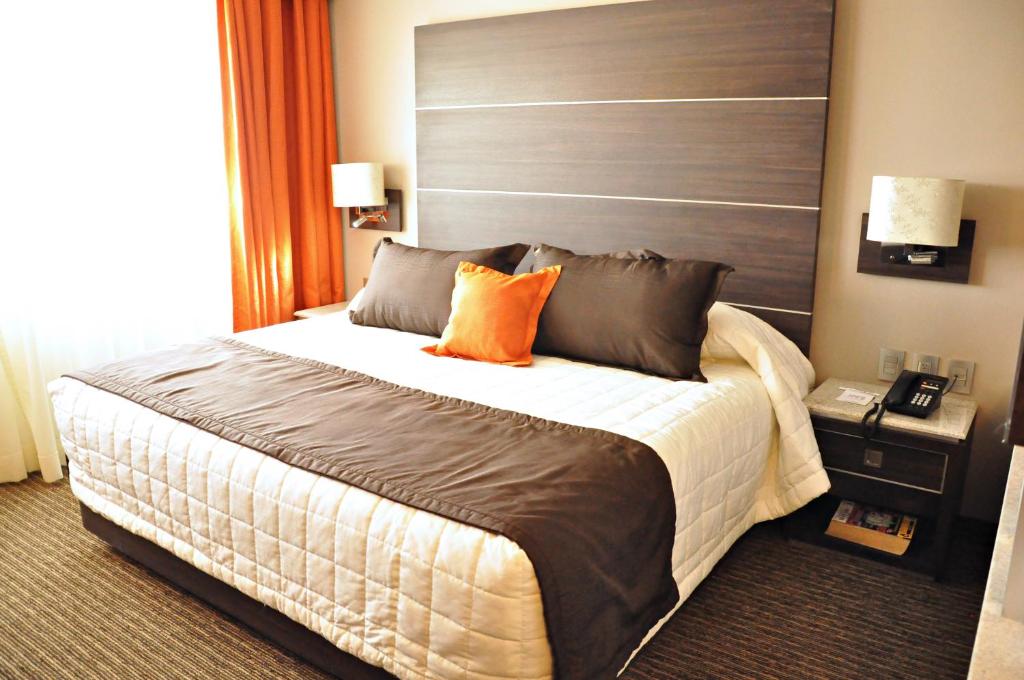 克雷塔罗瑞尔阿拉米达日克雷塔罗酒店的一间卧室配有一张带橙色枕头的大床