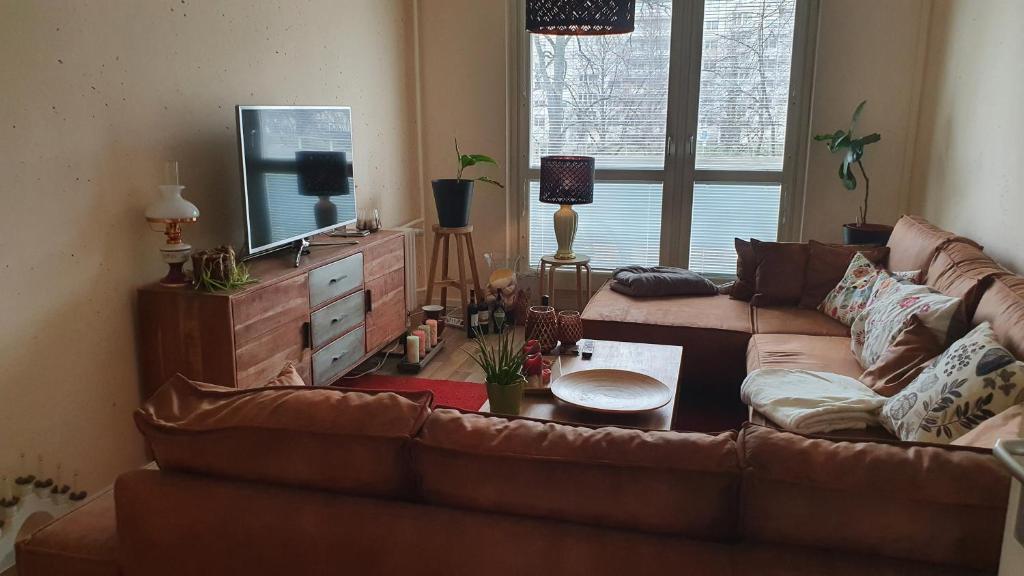 柏林Berlin mednow 1的带沙发和电视的客厅