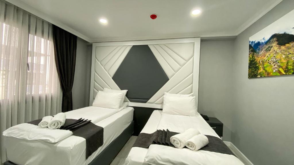 特拉布宗Heaven Suite Hotel的一间卧室设有两张床和窗户。