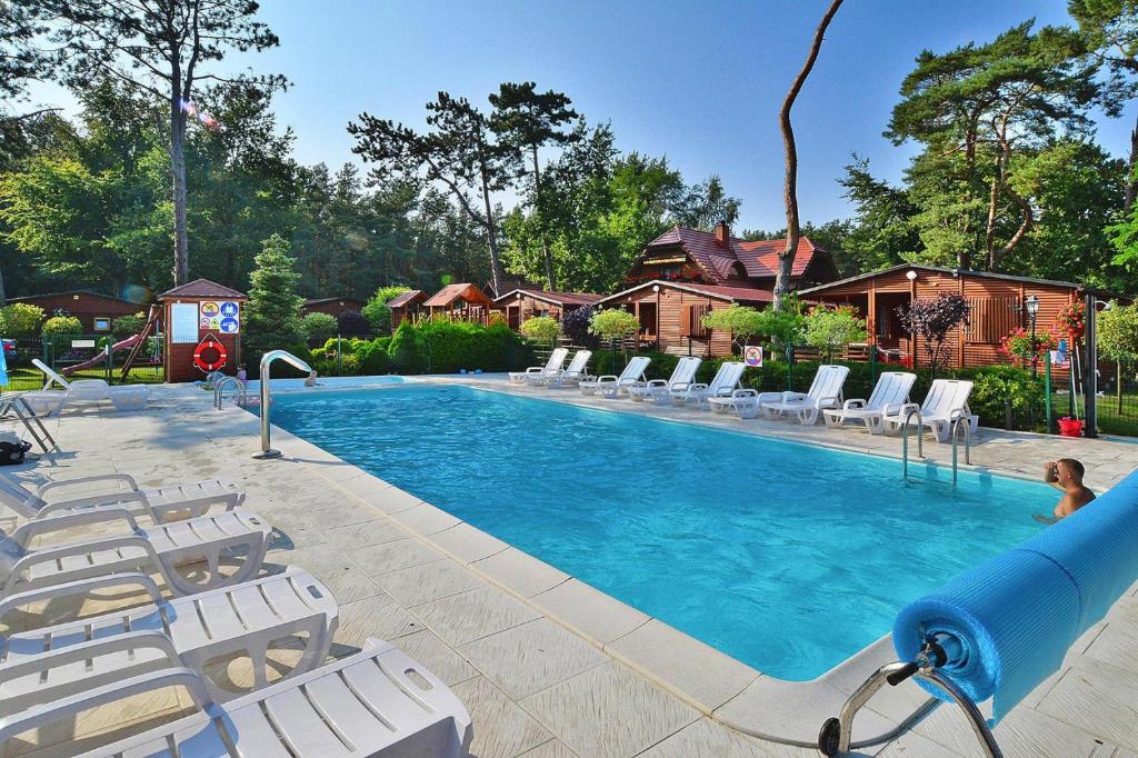 梅尔诺Holiday house near the sea swimming pool Mielno的一个带椅子和泳池面的大型游泳池