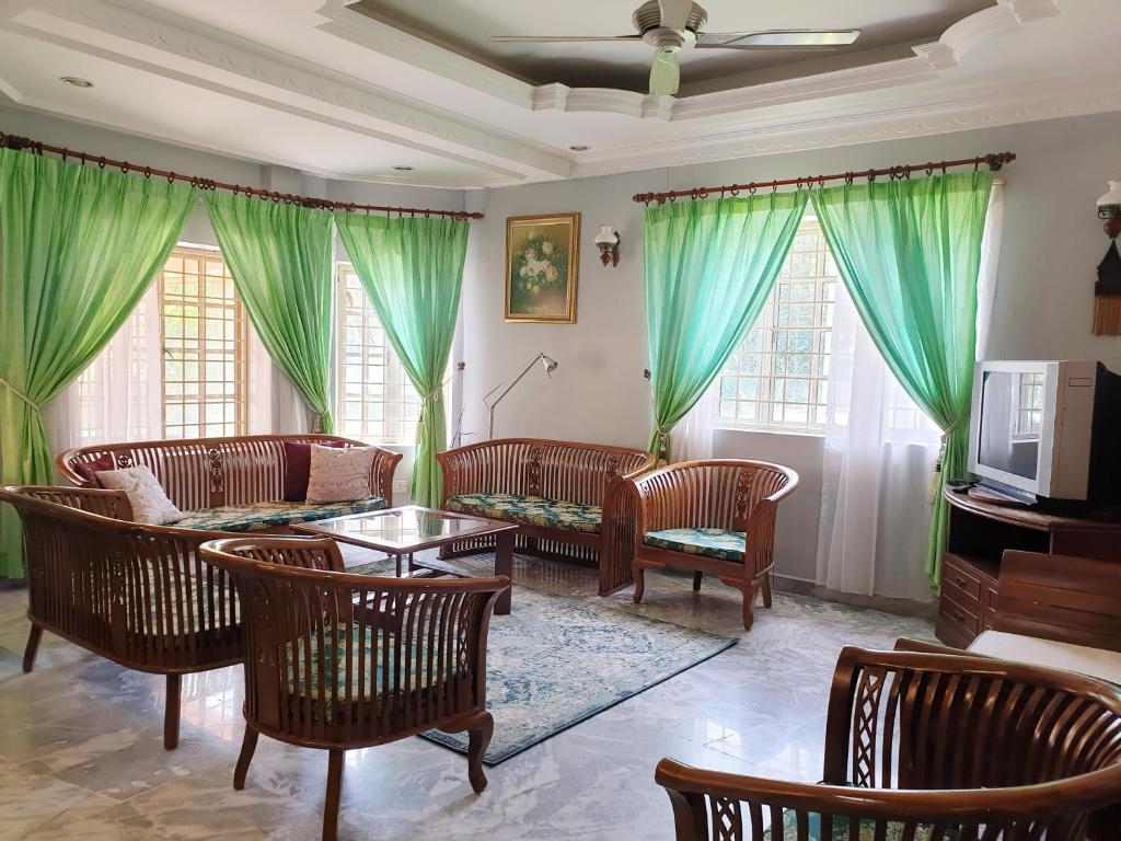 加影Lavender Impian Homestay的客厅配有绿色窗帘、沙发和椅子