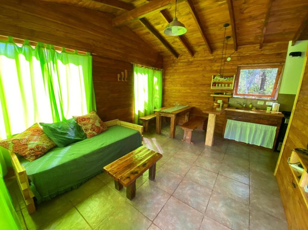 普埃洛湖Riberas del Azul的客厅配有绿色沙发和桌子