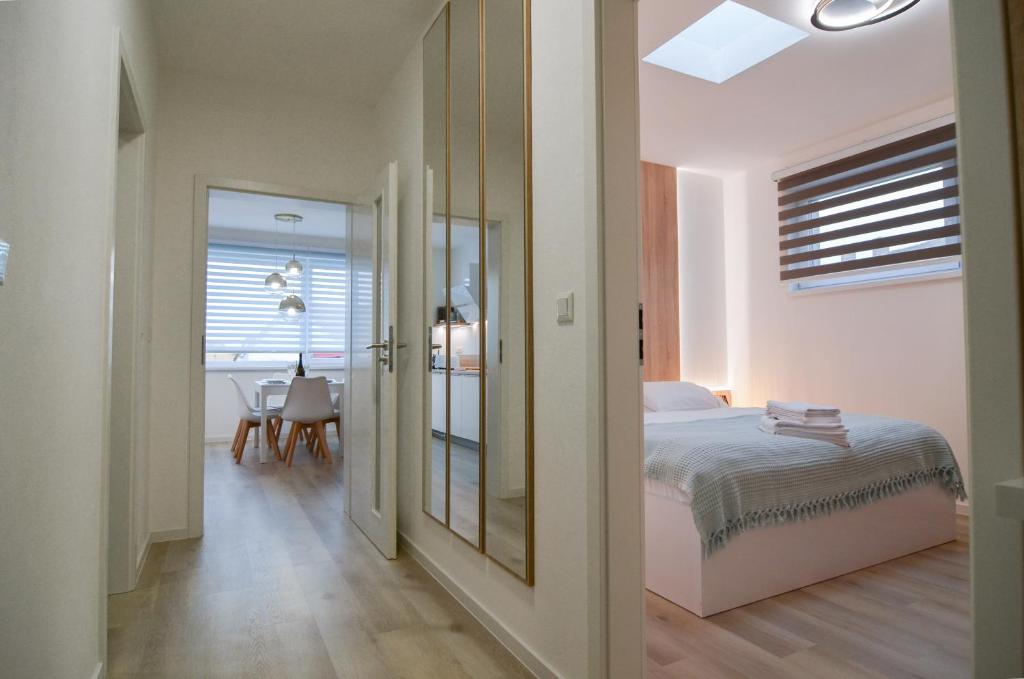 米库洛夫Apartmán Astrid 4的一间卧室配有一张床和镜子