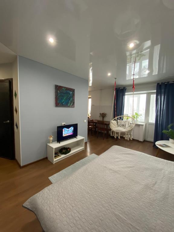 日托米尔ART apartment的大型客厅设有床铺和电视。