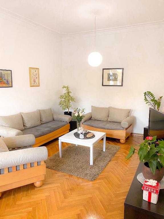 贝尔格莱德Bueno Apartment的客厅配有两张沙发和一张桌子