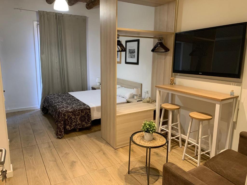 塔拉戈纳Estudio Port Serrallo的酒店客房配有1张床、1台电视和1张沙发。