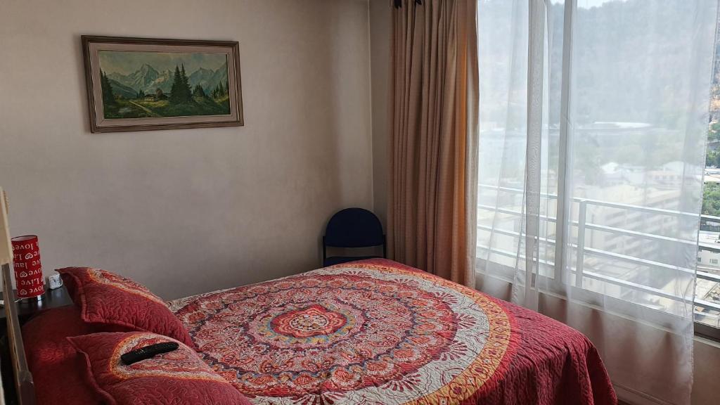 圣地亚哥Metro Manuel Montt的一间卧室配有一张带红色毯子的床和窗户。