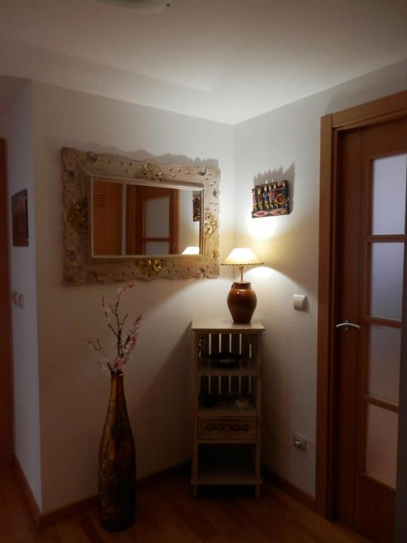 韦斯卡Acogedor Apartamento En Huesca的一间设有花瓶、灯和镜子的房间