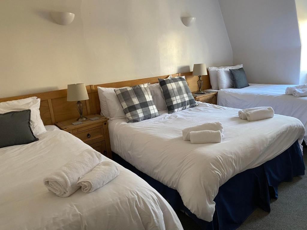 凯尔索黑天鹅酒店 的一间卧室配有三张床和毛巾