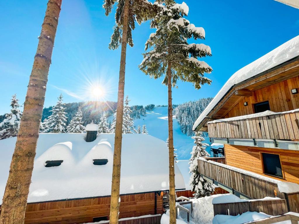 莫济列Sunshine Apartments Golte - Sauna的屋顶上积雪的树林小屋