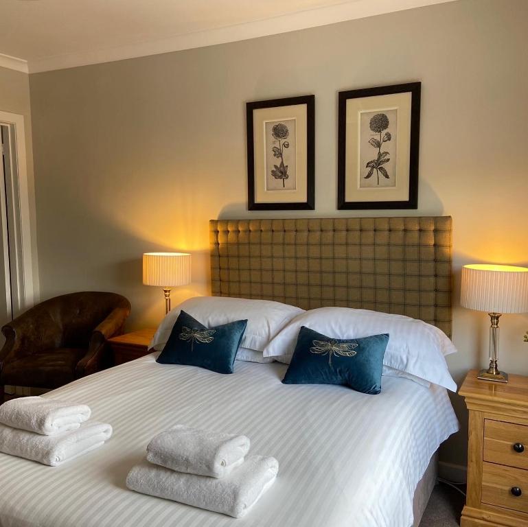 阿伯费尔迪巴尔尼恩旅馆的卧室配有带蓝色枕头的大型白色床