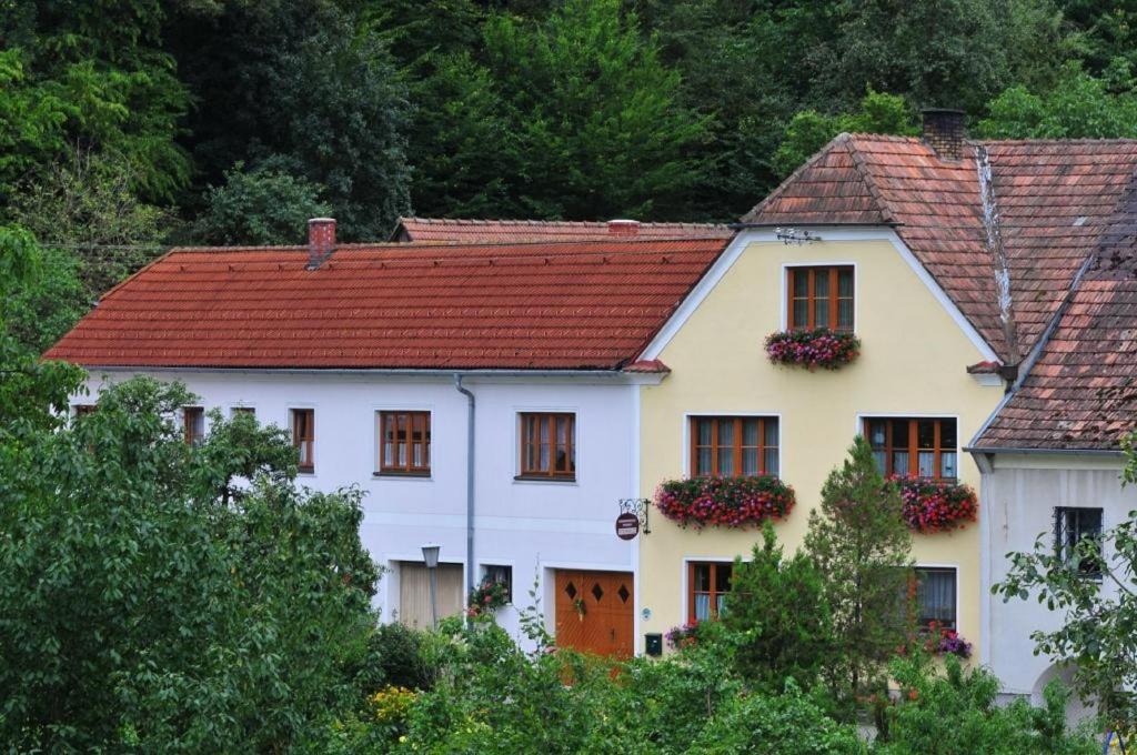 Gut am StegWeingut Piewald的白色房子,有红色屋顶