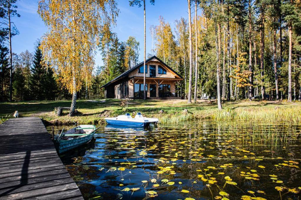 KalvāniDuni的湖上的房子,水里有船