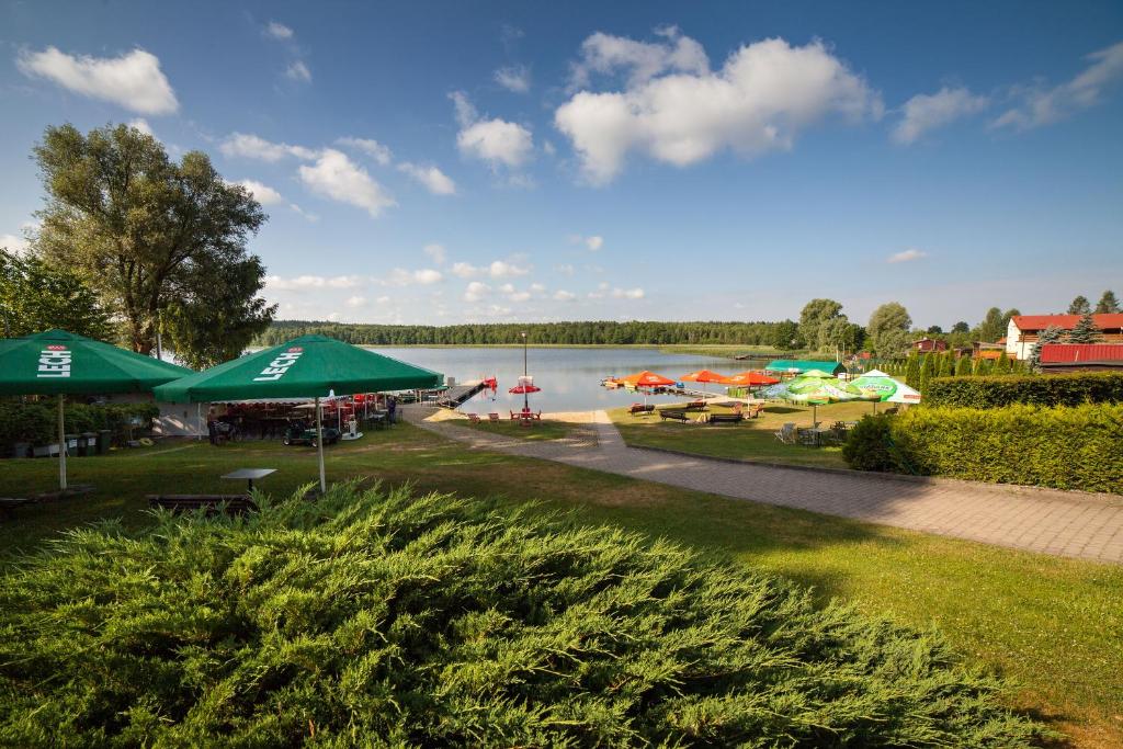 RentynyLetnisko Zalesie的享有湖泊美景,设有遮阳伞和码头