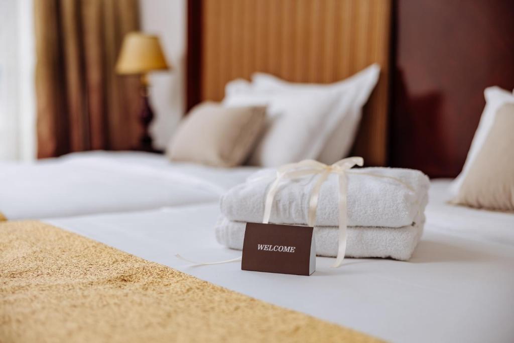 诺维萨德Garni Hotel Planeta Inn的酒店客房 - 带两张床和床上的毛巾