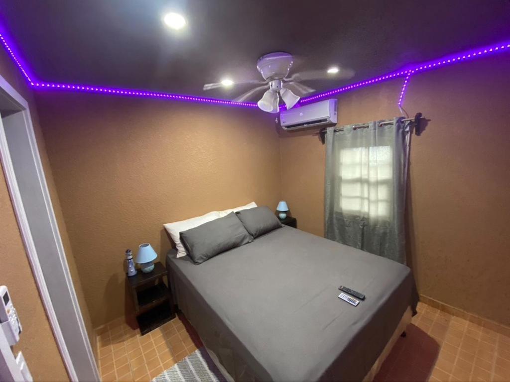 Six HutsBahia Azul Apartment的一间卧室配有一张带吊扇和紫色灯的床。