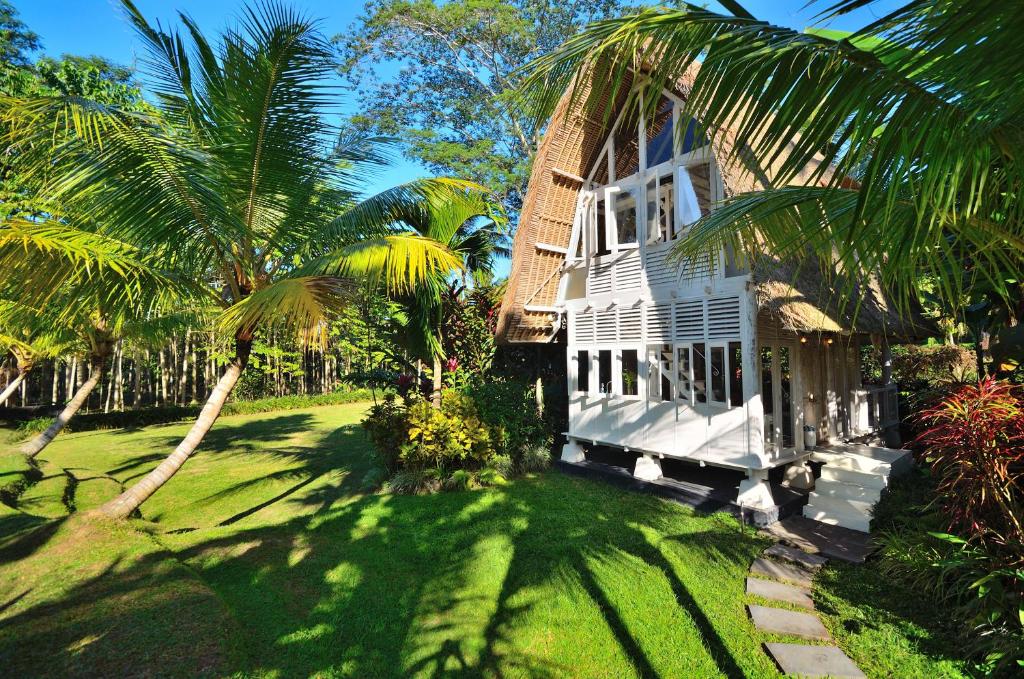德格拉朗杰德拉迪巴里别墅酒店的一座棕榈树掩映的白色房子