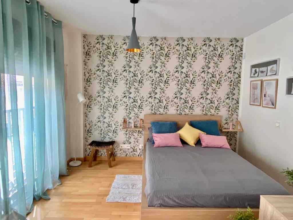 马拉加Estudio con parking en el centro de Málaga的一间卧室配有带粉红色和蓝色枕头的床