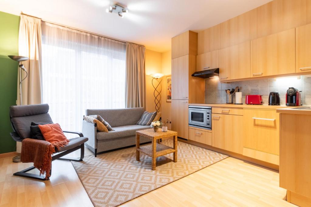 布鲁塞尔Cozy Apartment Brussels Centre的带沙发的客厅和厨房