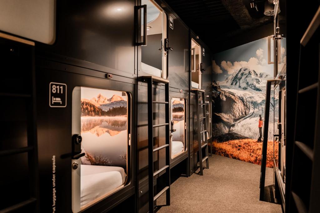 克洛滕Capsule Hotel - Alpine Garden Zurich Airport的墙上挂有绘画的火车走廊