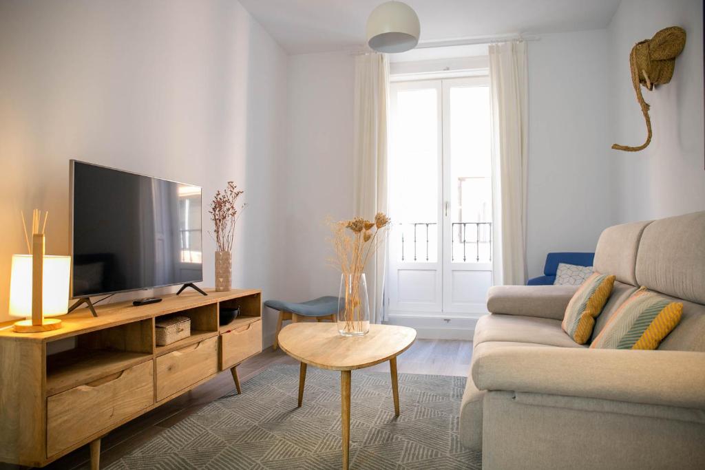 马德里nQn Aparts & Suites Madrid的带沙发和电视的客厅