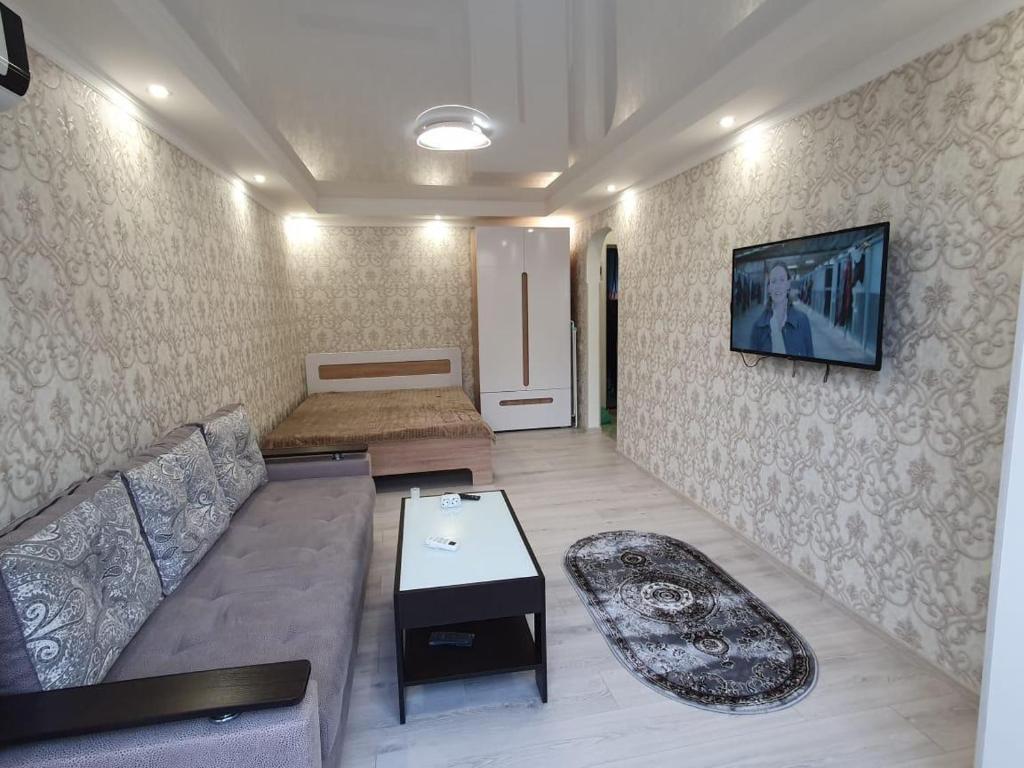 加格拉Квартира的客厅配有沙发和墙上的电视