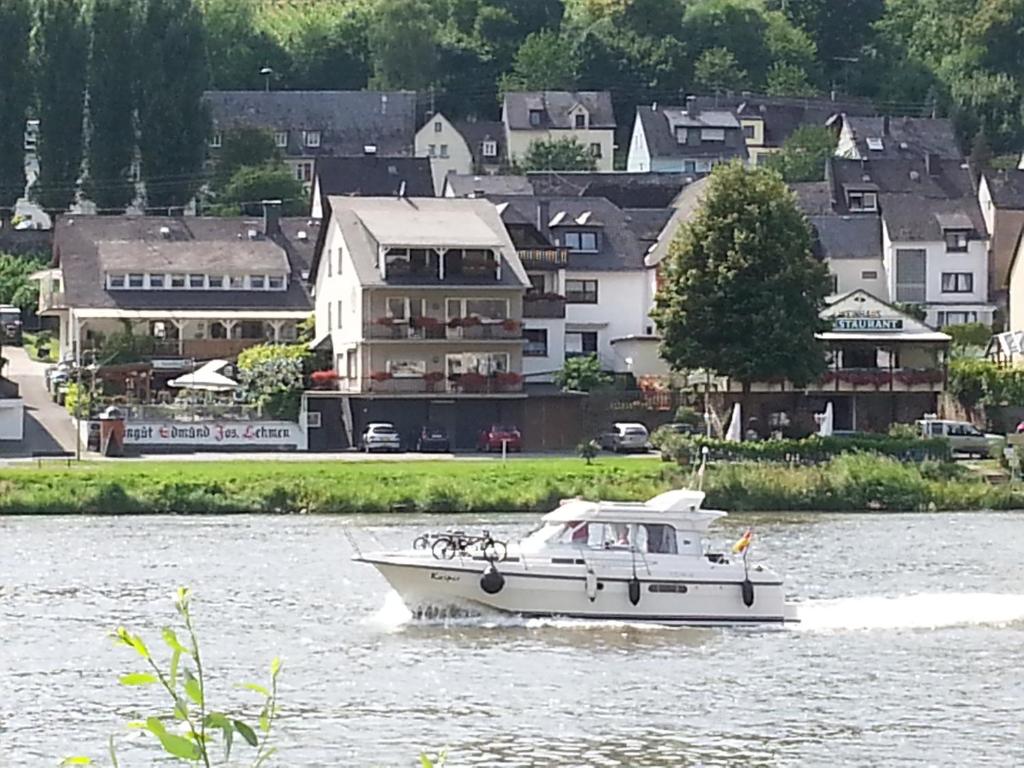 摩泽尔河畔的泽尔Ferienhaus An der Mosel的城镇前水面上的白船
