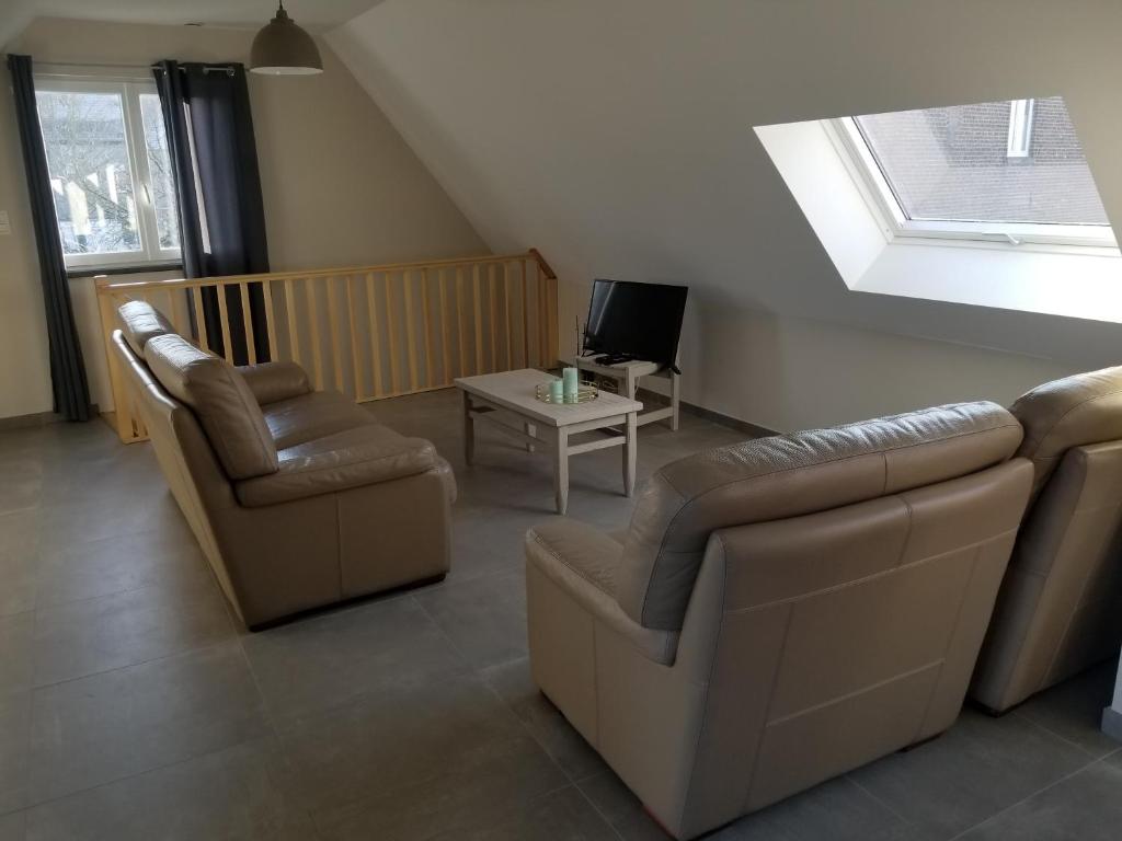 图尔奈Côté Grange的客厅配有沙发、两把椅子和电视