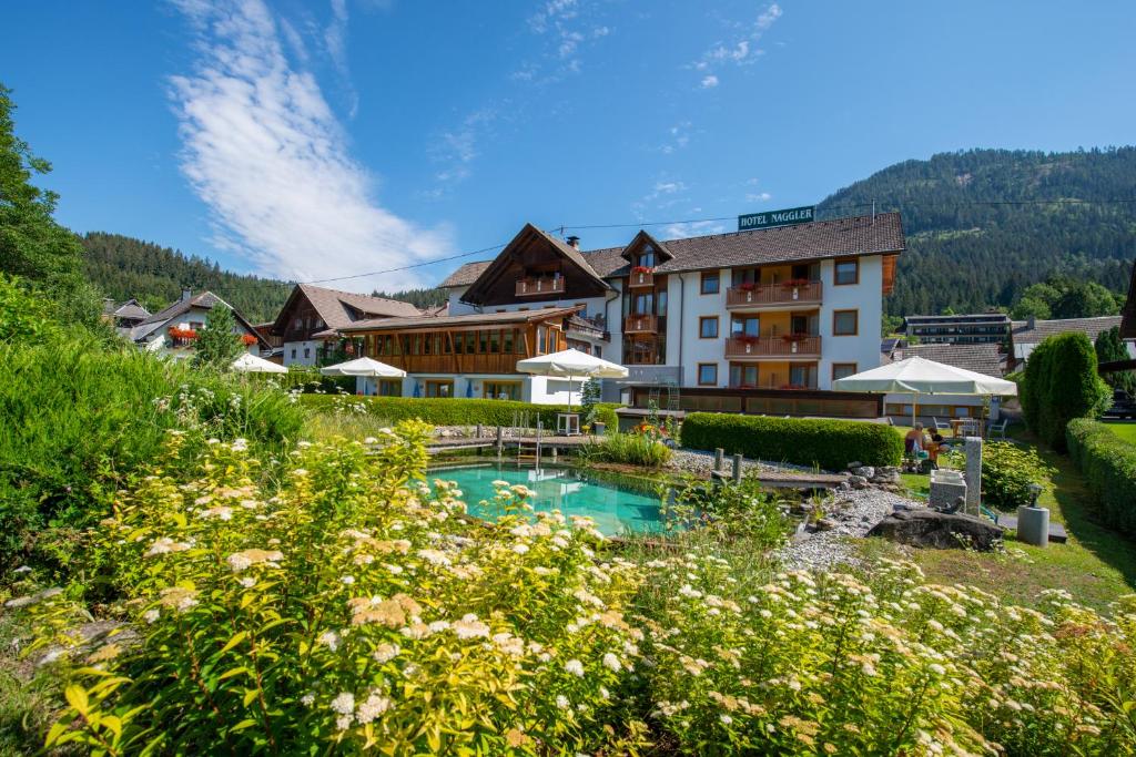 魏斯布里阿赫Hotel Naggler Weissbriach的一座带游泳池和大楼的度假村