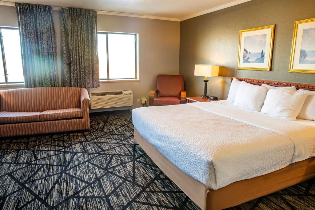橡树溪橡树溪/密尔沃基机场拉金塔酒店的酒店客房带一张大床和一把椅子