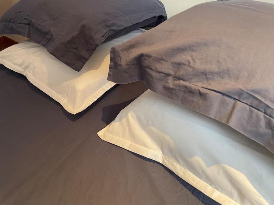 LeersAppartement neuf et chaleureux dans Leers centre的一张床铺,上面有两个枕头