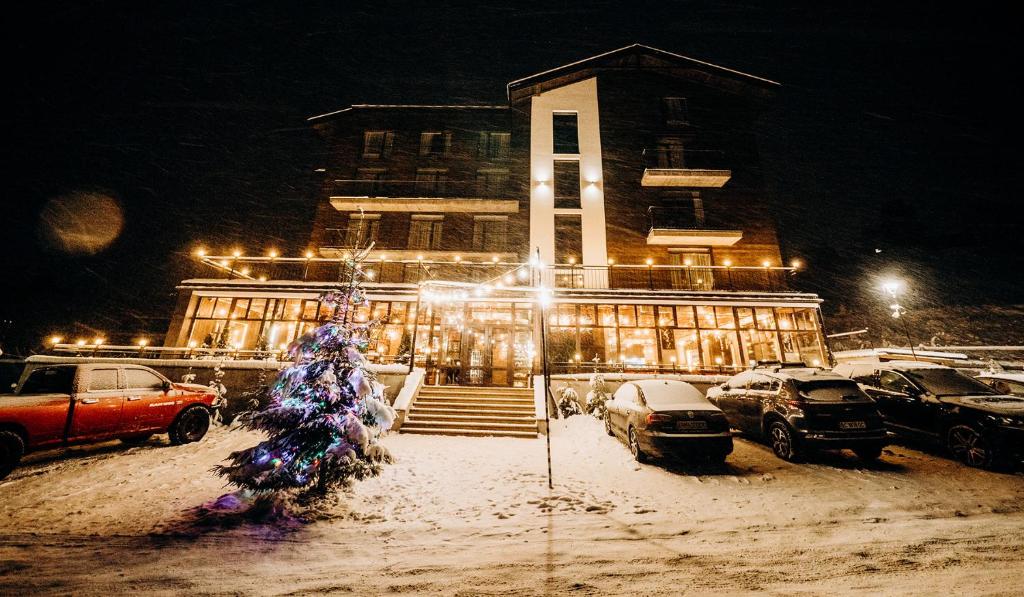 布克维Loft Hotel的雪中建筑物前面的圣诞树