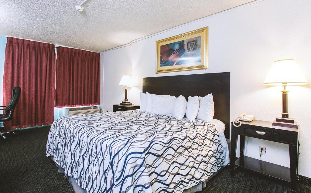 威奇托Sky-Palace Inn & Suites Wichita East的酒店客房,配有一张床和两盏灯