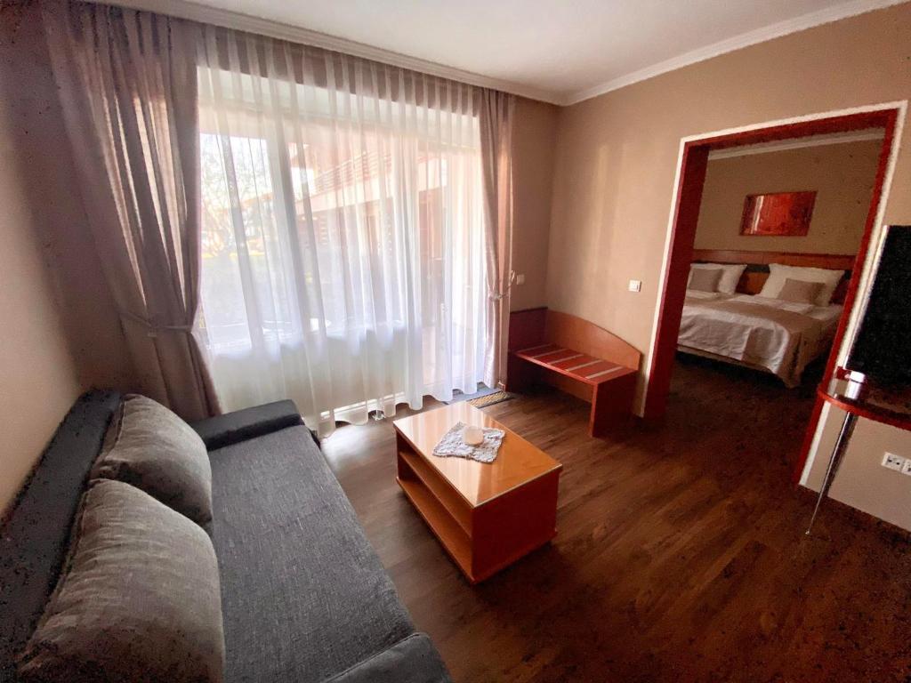 摩拉瓦托普利采Udoben apartma v Moravskih Toplicah - Terme Vivat的带沙发和镜子的客厅