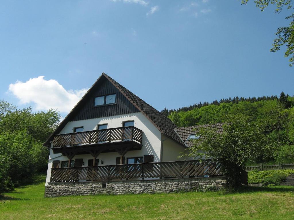 梅德巴赫Nice holiday home near ski area的一座位于山上的白色大房子,设有阳台
