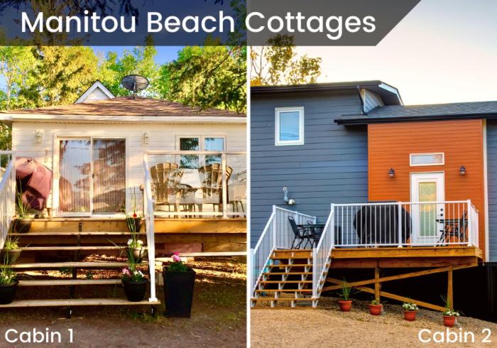 Manitou BeachMANITOU BEACH COTTAGES by Prowess的两幅小房子的照片,有门廊