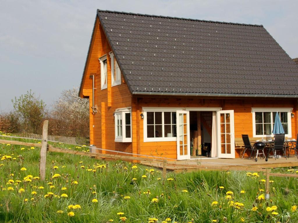 梅德巴赫Home in Wissinghausen with Private Sauna的花田中的一个小房子