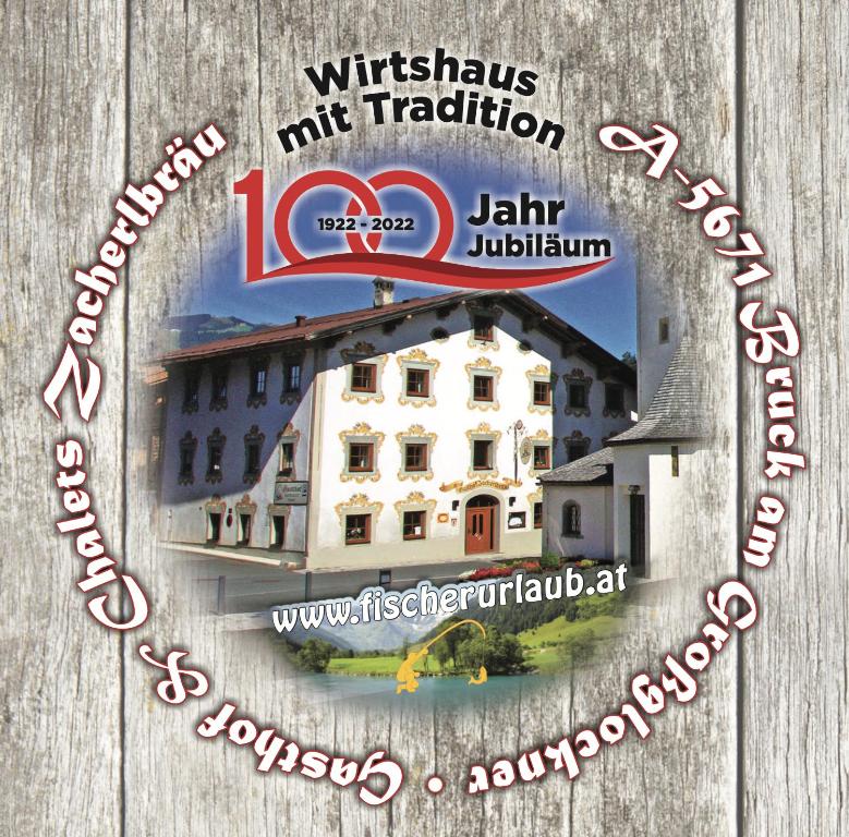 布鲁克安德格罗斯哥Gasthof Zacherlbräu的一张酒店标志,上面有建筑的照片