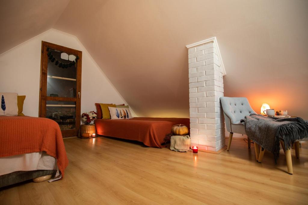 贝拉茨尔克瓦Ladybird Lodge的阁楼卧室配有1张床、1张桌子和1把椅子