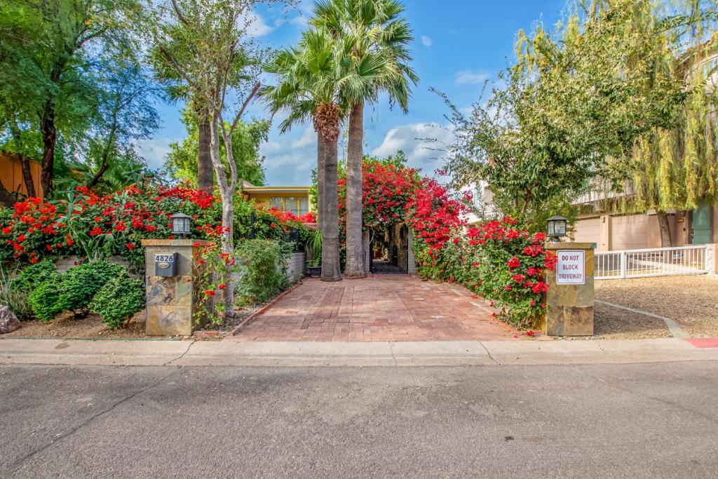 斯科茨Desert Rose Villas - Secluded One Bedroom in Old Town Scottsdale, Arizona的街上种着红色花卉和棕榈树的花园