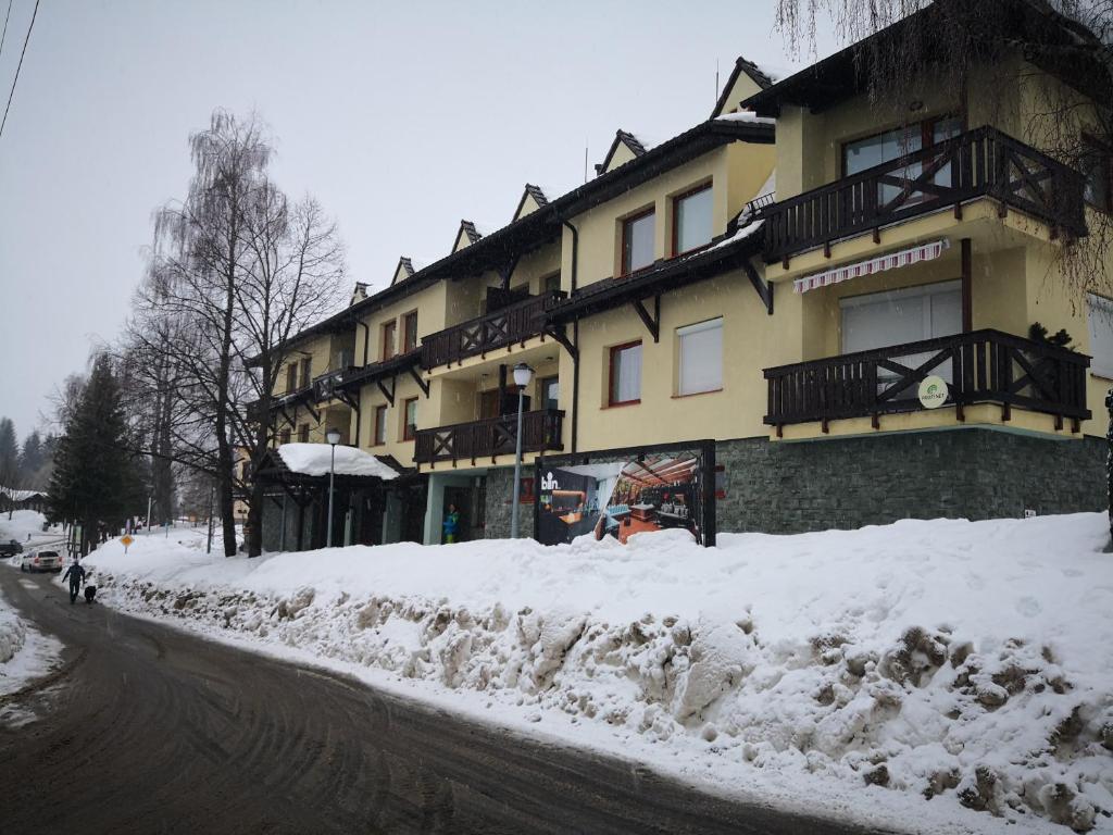 多纳瓦利Apartmán Sedmička Horec的街道边有积雪的建筑物