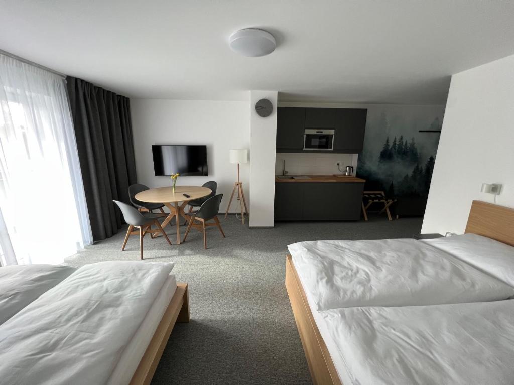 瓦恩斯多夫HOTEL VARNSDORF的酒店客房带一张床、一张桌子和椅子
