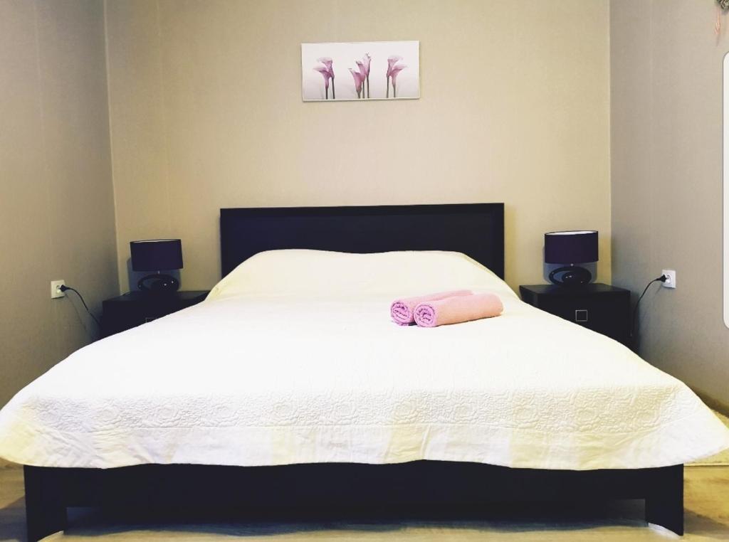 平斯克Пинск Brestskaia的卧室配有白色床和粉红色毛巾