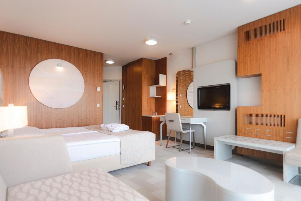 卡特兹奥布萨维卡特兹特姆 - 特姆酒店的一间卧室配有一张床、一张书桌和一台电视。